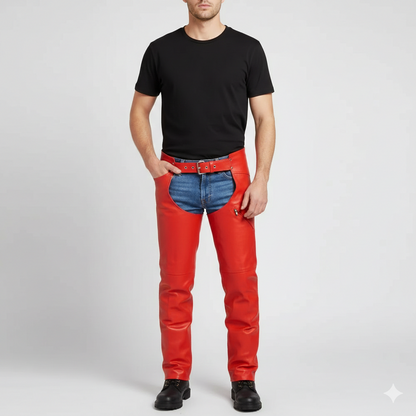 Men's crimson red leather performance chaps with adjustable buckled waist and side hip zipper.