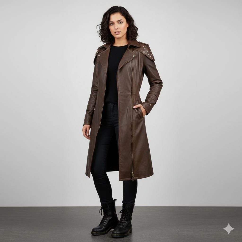 Women's chocolate brown studded leather trench coat with asymmetrical zipper and belted waist.
