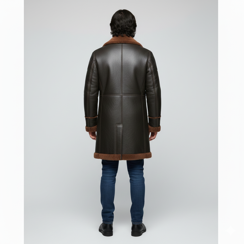 Close-up of the grained espresso leather and high-pile rust shearling trim on a premium men's overcoat.