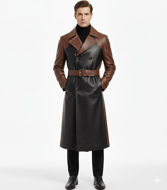 Men's dual-tone leather trench coat with a black body, walnut brown leather collar, and brown waist belt.