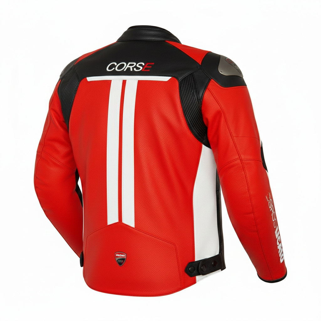 Detailed view of the Ducati Corse chest shield, bold forearm wordmarks, and external shoulder sliders on a professional racing jacket.