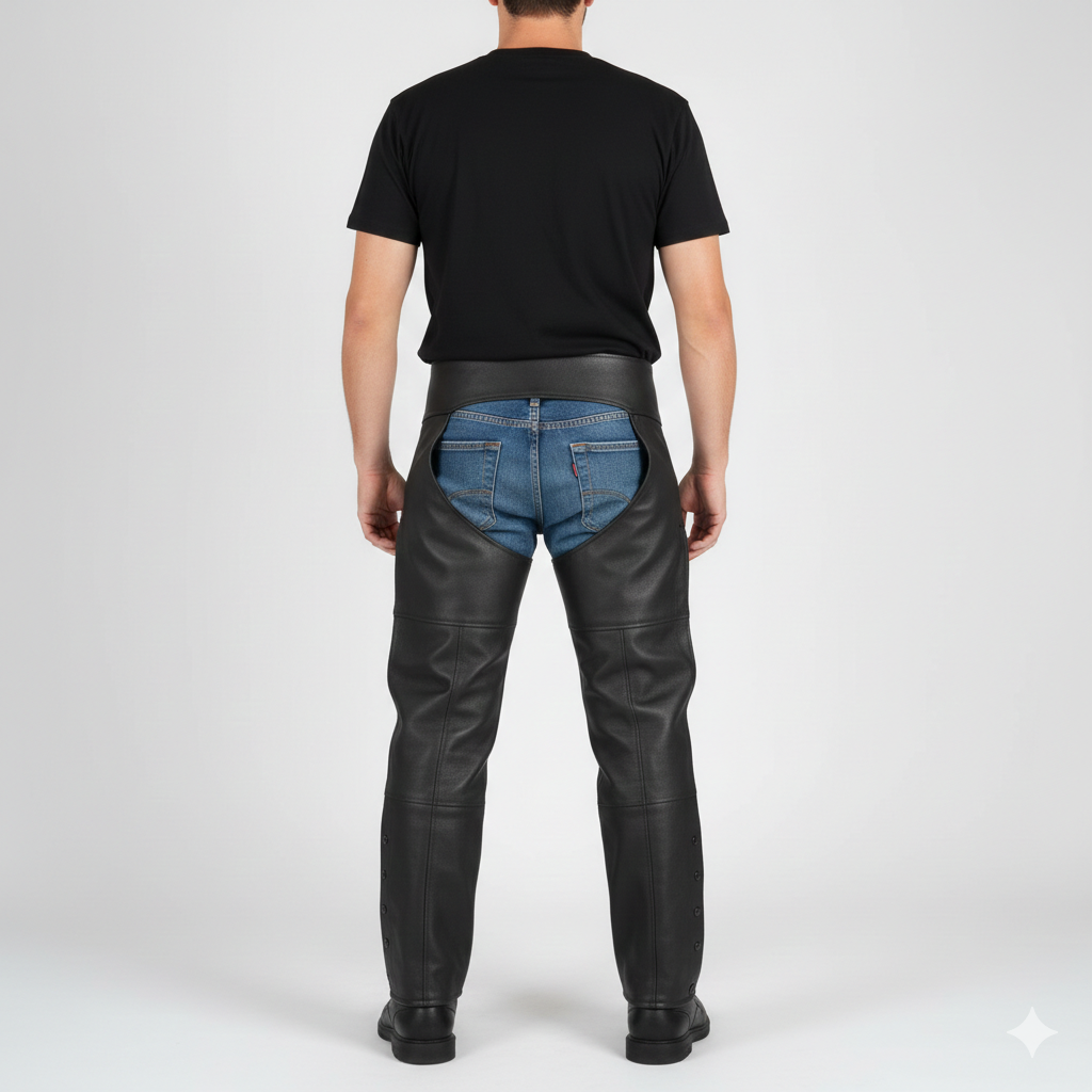 Front view of professional black grain leather protective chaps.