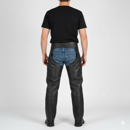 Front view of professional black grain leather protective chaps.