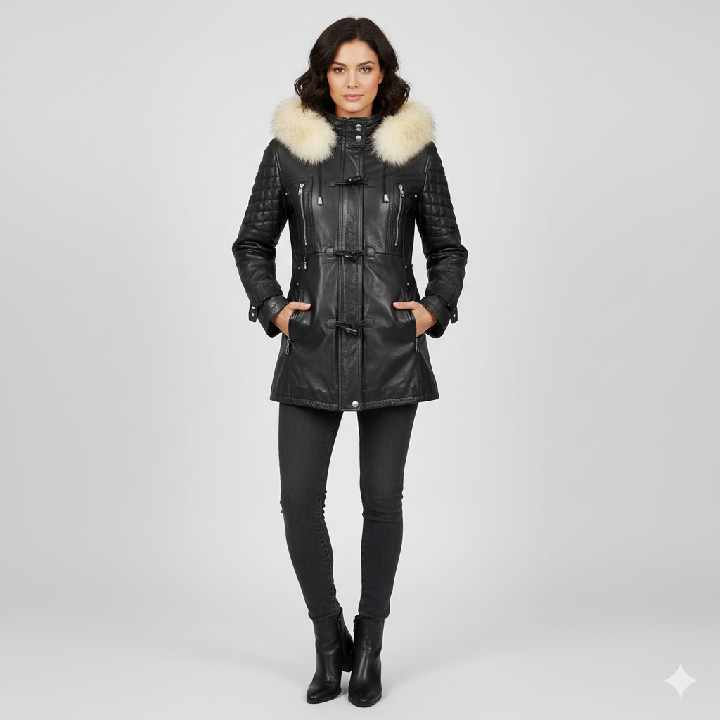 Women's black leather hooded parka with cream fur trim and quilted shoulder detailing.