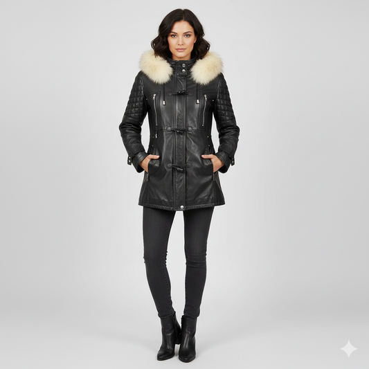 Women's black leather hooded parka with cream fur trim and quilted shoulder detailing.