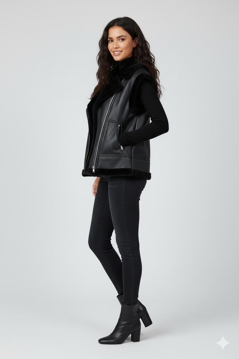 Black shearling vest paired with black denim and high-heeled black ankle boots for a stylish winter outfit.
