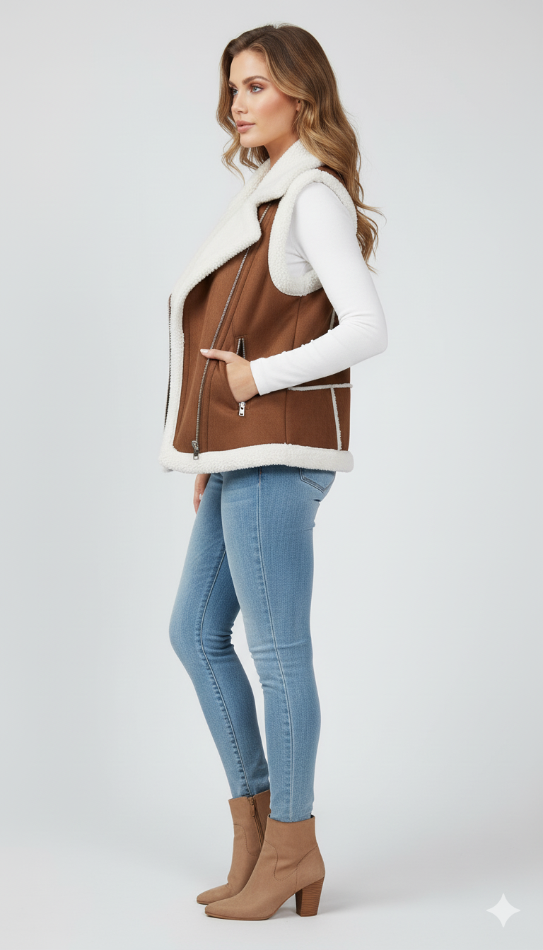 Cozy, warm vest with wide shearling-trimmed lapels and silver zippered pockets for a winter moto look.