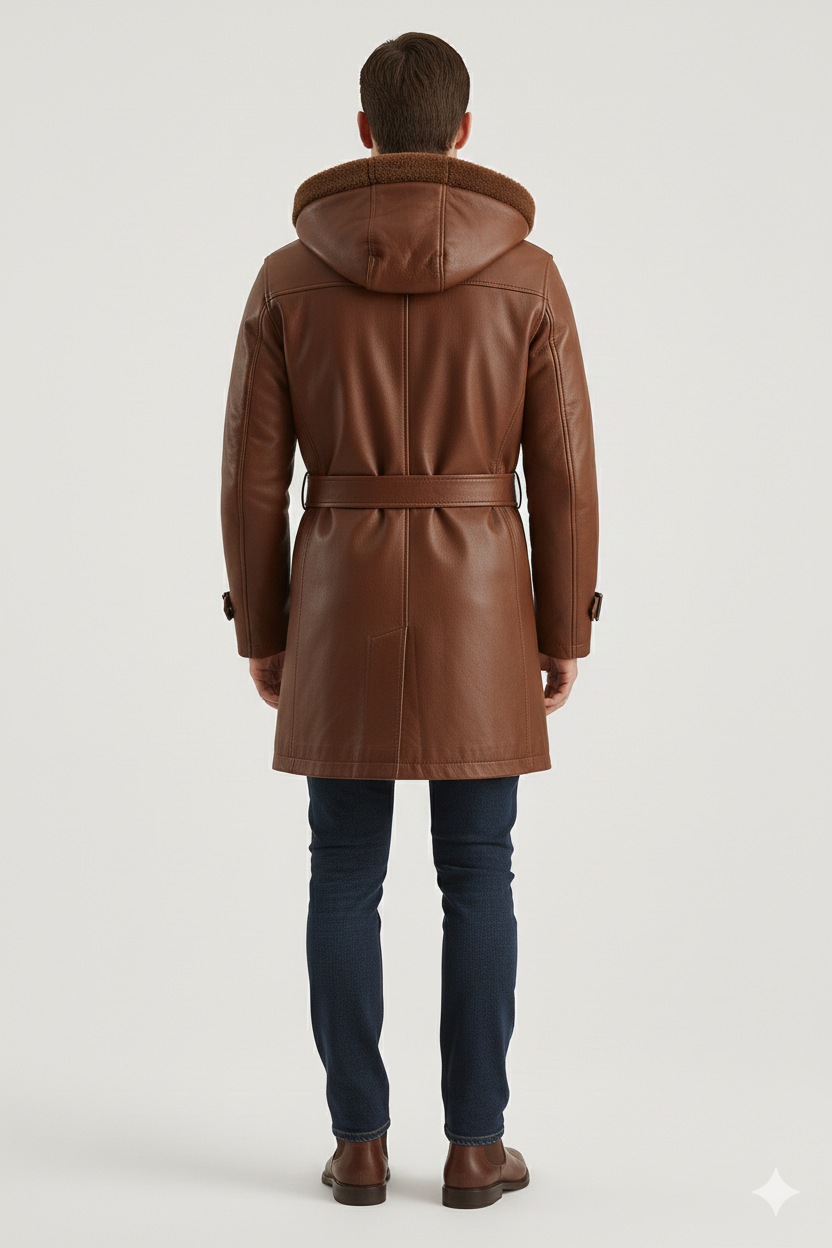 Close-up of the tonal buttons and reinforced belt eyelets on a premium men's cognac leather trench.