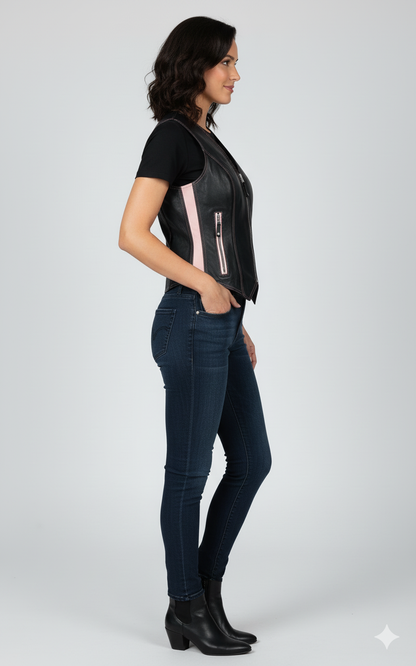 Black leather-look vest highlighting the bright pink piping along the seams and the zippered waist details.