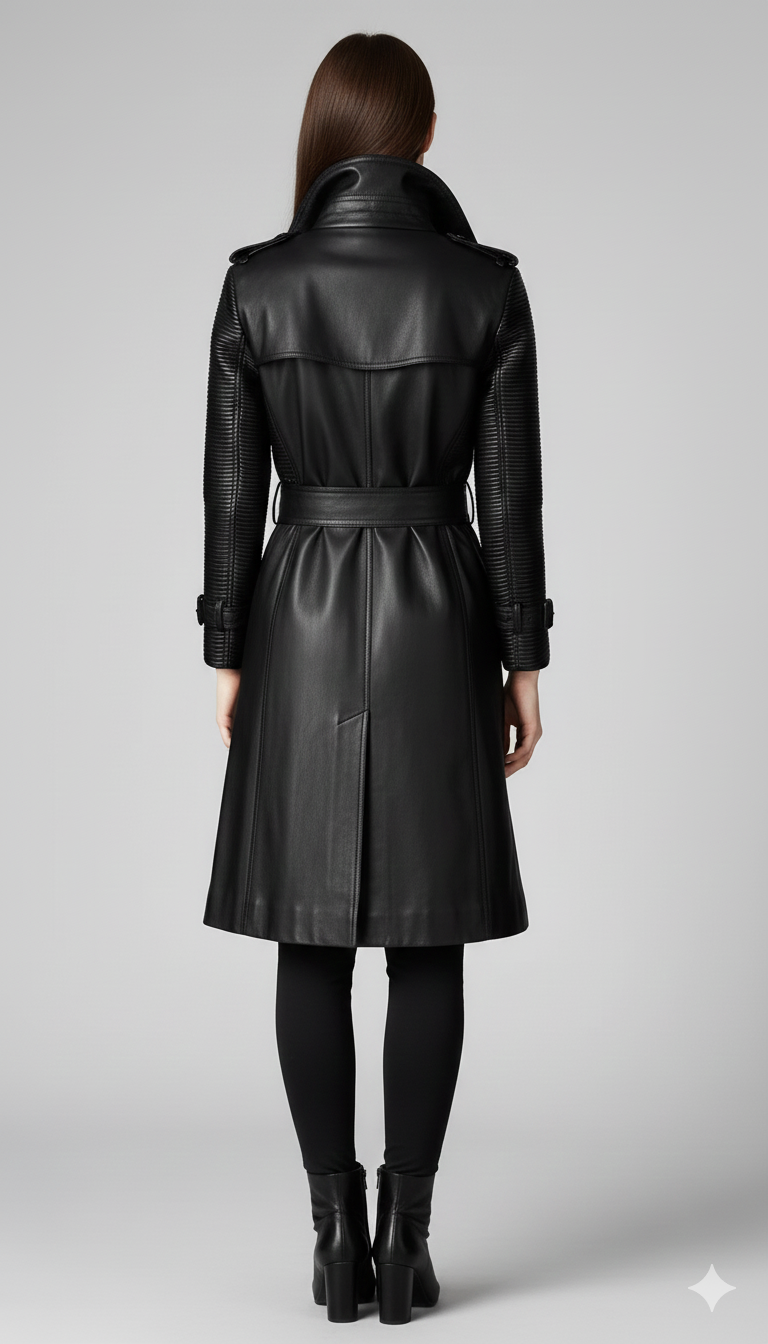 Model wearing a structured black moto-style trench coat with shoulder epaulettes and a cinched waist.