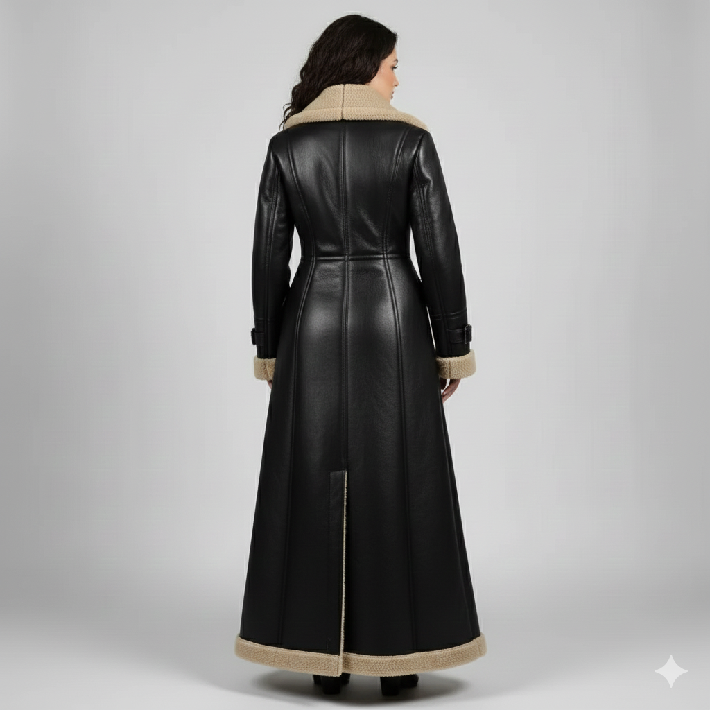 Close-up of the smooth black leather and textured cream shearling lapels on a luxury women's maxi trench.