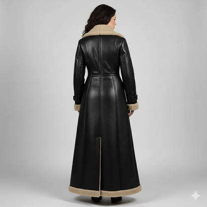 Close-up of the smooth black leather and textured cream shearling lapels on a luxury women's maxi trench.