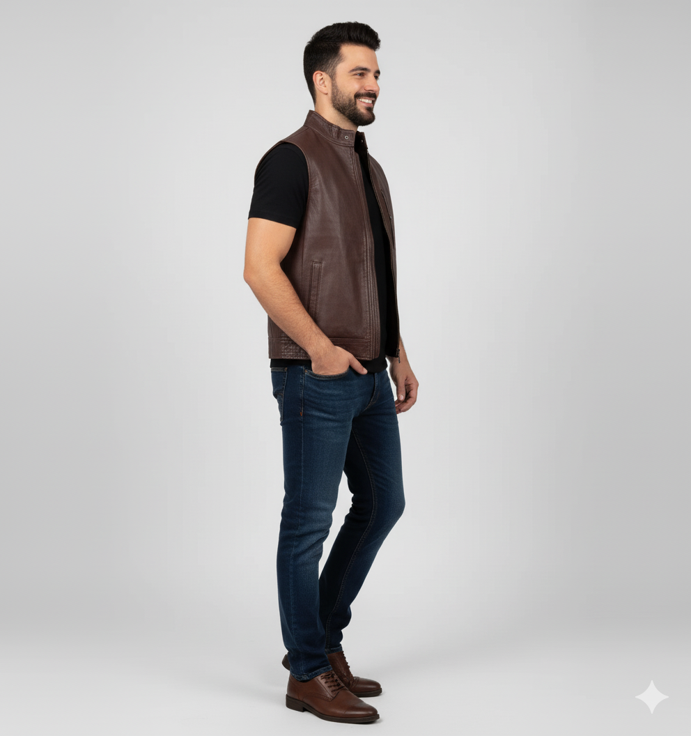Full body shot of a man wearing a brown double-breasted leather waistcoat over a black t-shirt and dark jeans.