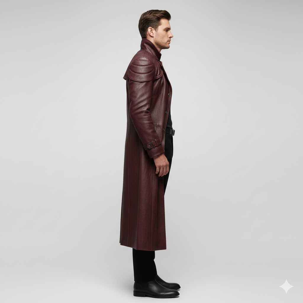 Male model wearing a luxury burgundy leather duster coat.