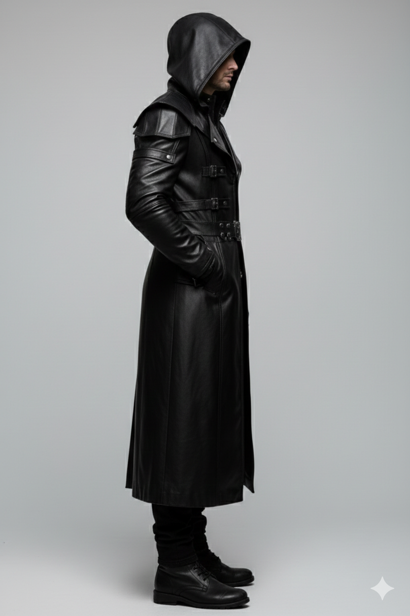 Male model wearing a futuristic black leather techwear duster coat