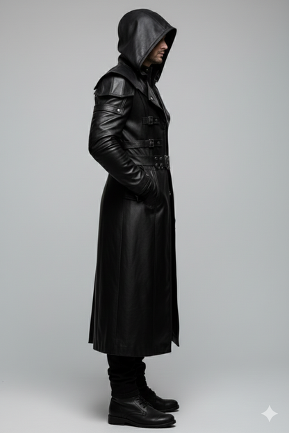 Male model wearing a futuristic black leather techwear duster coat