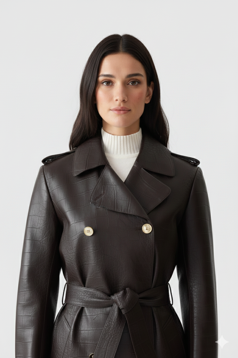 Midi-length chocolate brown leather-look coat featuring wide notched lapels and a matching tie-belt.