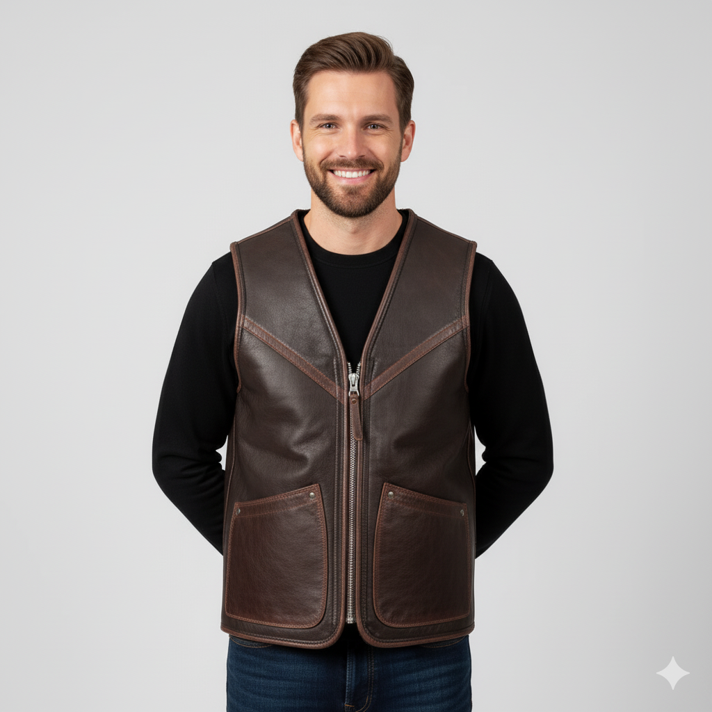 Close-up of the distressed dark brown leather texture and the light-colored whipstitching detail bordering the central zipper.