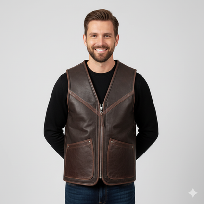 Close-up of the distressed dark brown leather texture and the light-colored whipstitching detail bordering the central zipper.