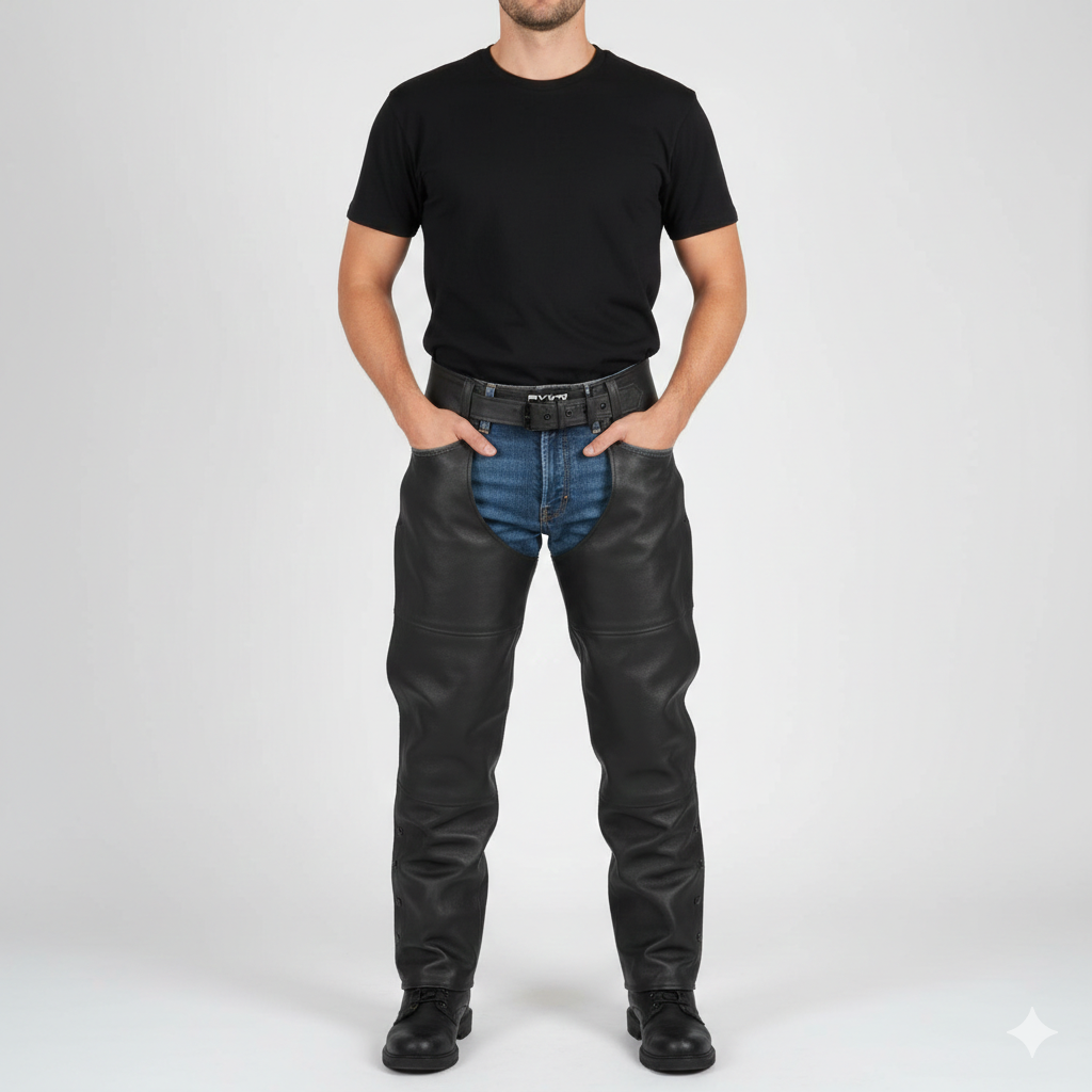Men's obsidian black leather performance riding chaps with articulated knee panels and adjustable buckled waist.