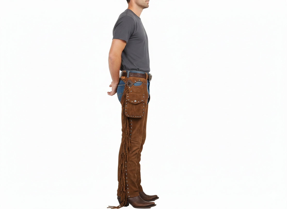 Close-up of the snap-flap utility pocket and metallic stud accents on tan suede leather fringe chaps.