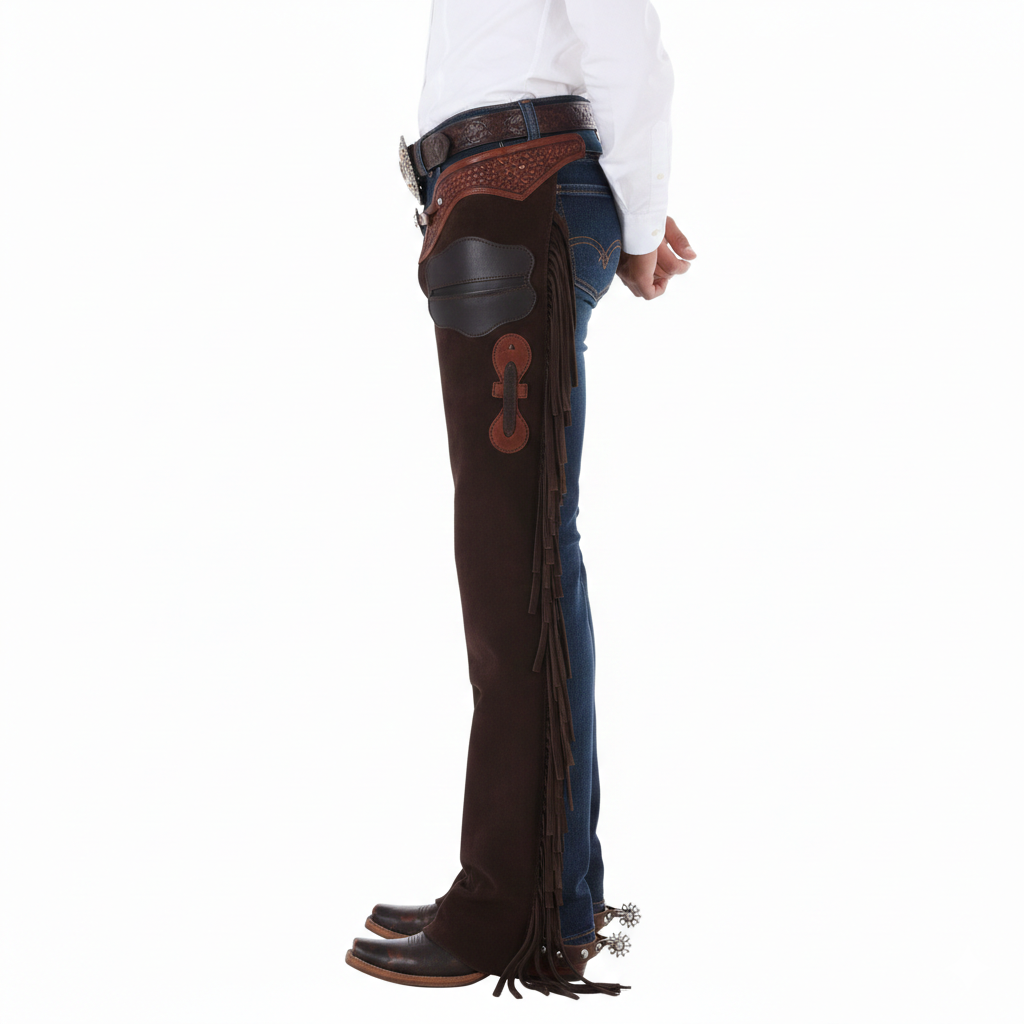Close-up of the embossed floral leather waistband, metallic silver buckle, and integrated hip utility pocket on western riding chaps.