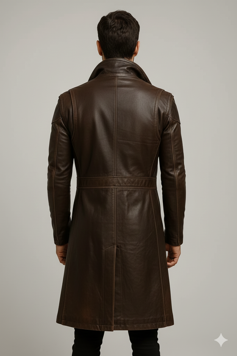 Close-up of the metallic stud detailing on the pointed chest pocket of a premium brown leather trench.