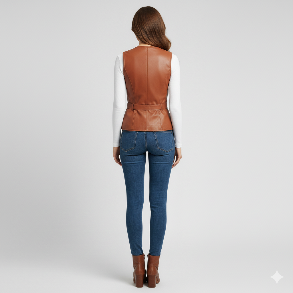 Cognac brown leather-look vest paired with a white shirt and dark wash denim.