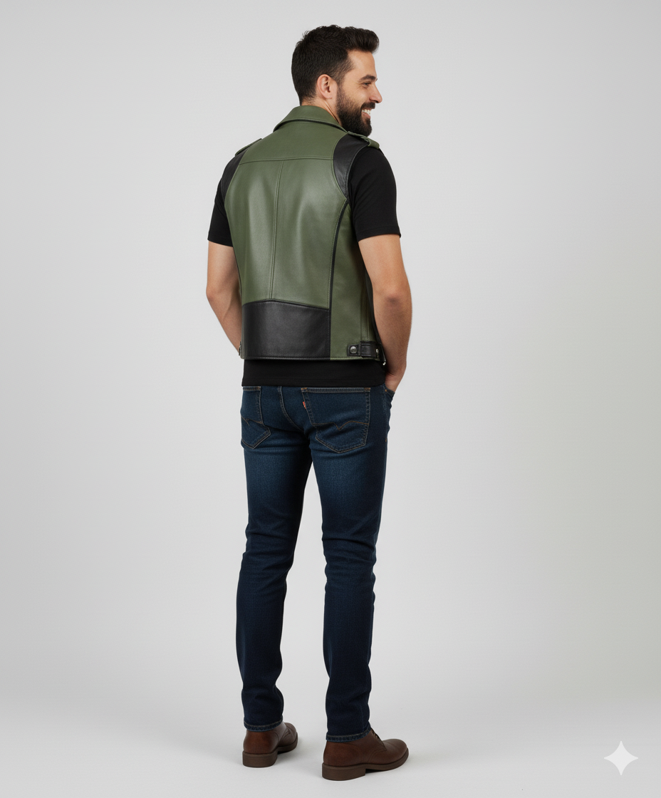 Sleek olive green and black leather vest featuring a classic moto lapel, multiple zippered pockets, and chrome snaps.