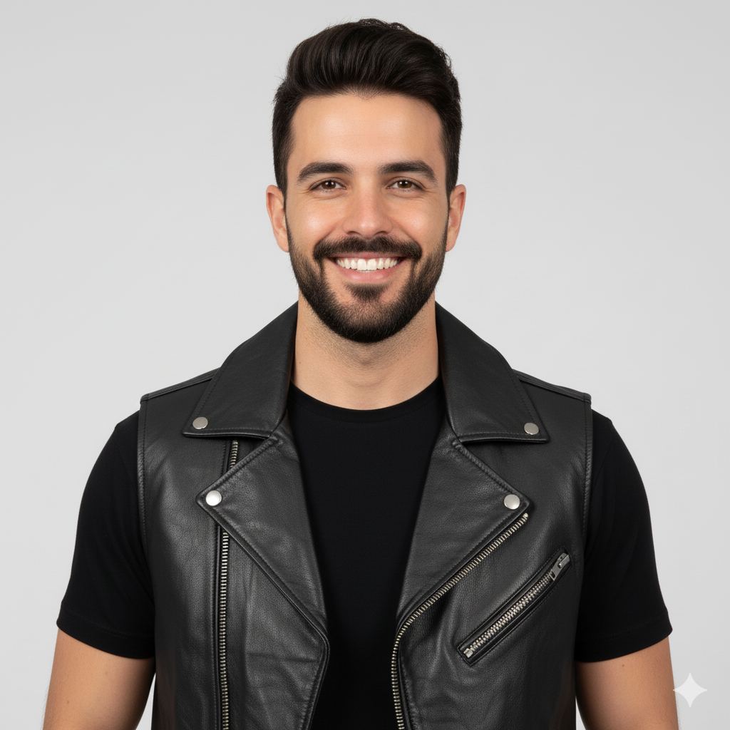 Full-length shot of a man wearing a black leather vest..