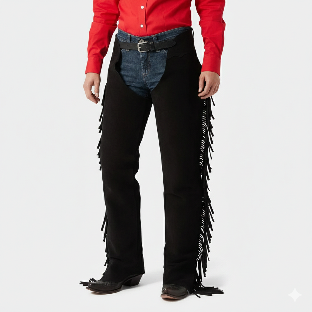 Men's onyx black suede western fringe chaps with adjustable buckled leather waist.