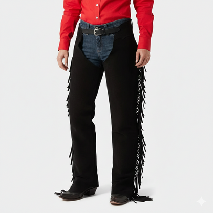 Men's onyx black suede western fringe chaps with adjustable buckled leather waist.