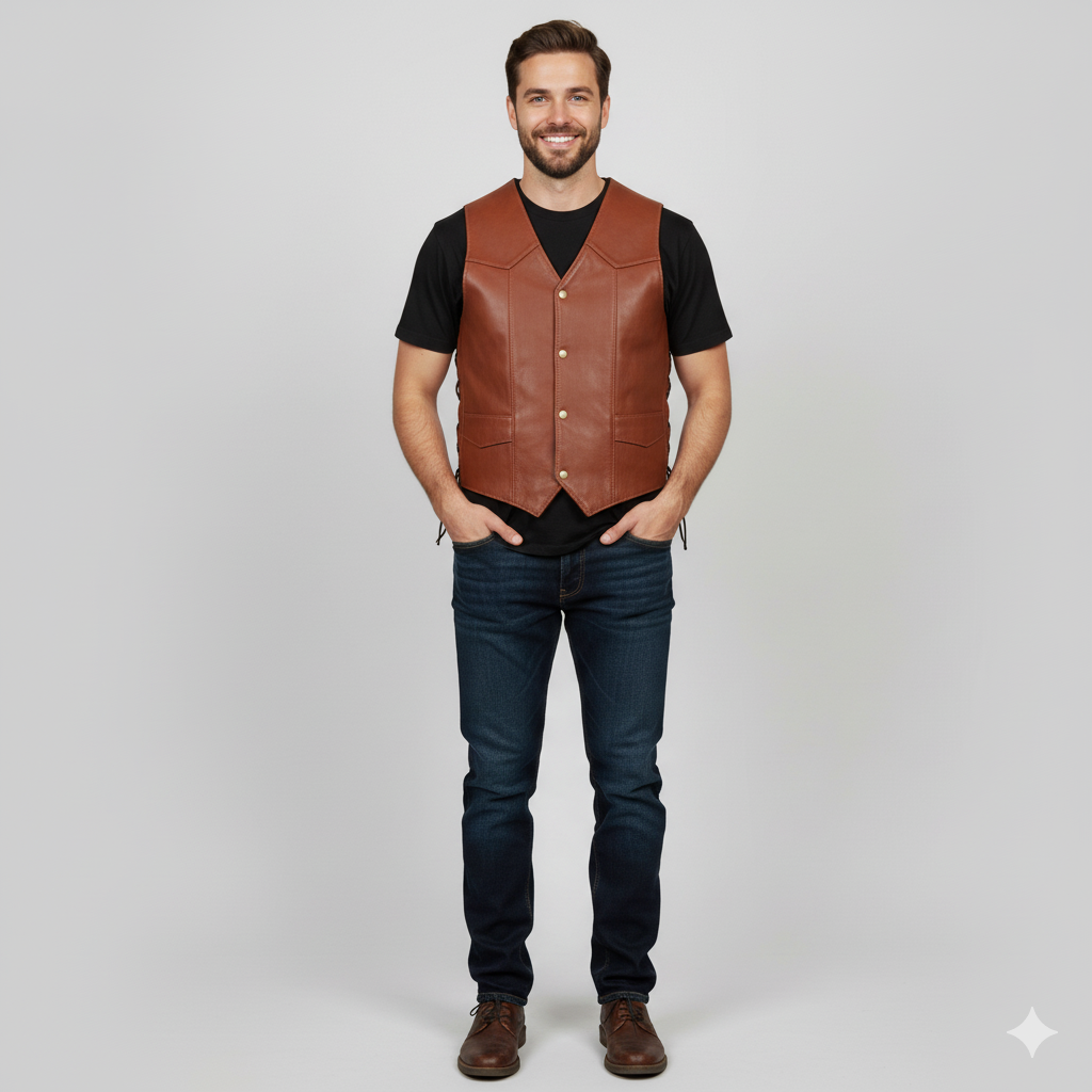 Men's brown leather B-3 aviator vest with a cream-colored shearling collar and lining.