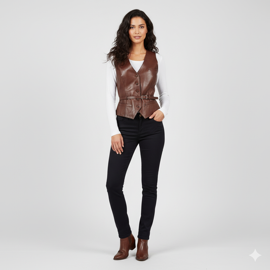 Full-length photo of a woman wearing a brown leather waistcoat over a white long-sleeve top and dark wash jeans.
