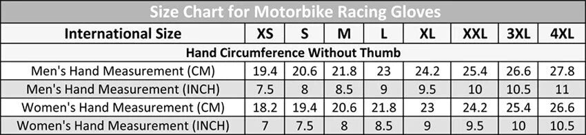 Motorcycle racing Gloves size chart