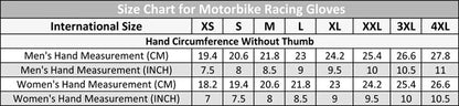 Motorcycle racing Gloves size chart