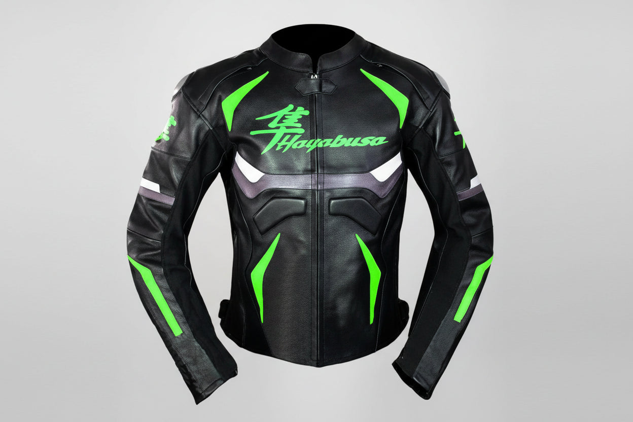 Suzuki Hayabusa black and neon green leather motorcycle racing jacket.