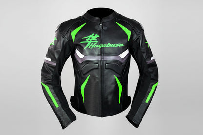 Suzuki Hayabusa black and neon green leather motorcycle racing jacket.