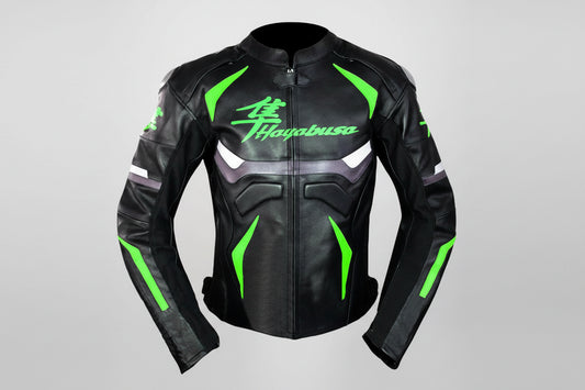 Suzuki Hayabusa black and neon green leather motorcycle racing jacket.