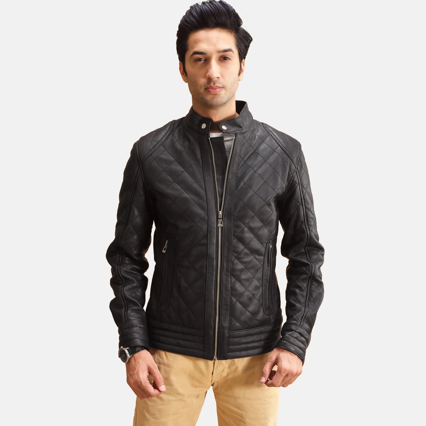 Men's Henry Quilted Black Leather Jacket. Diamond quilted pattern moto style with a snap band collar.