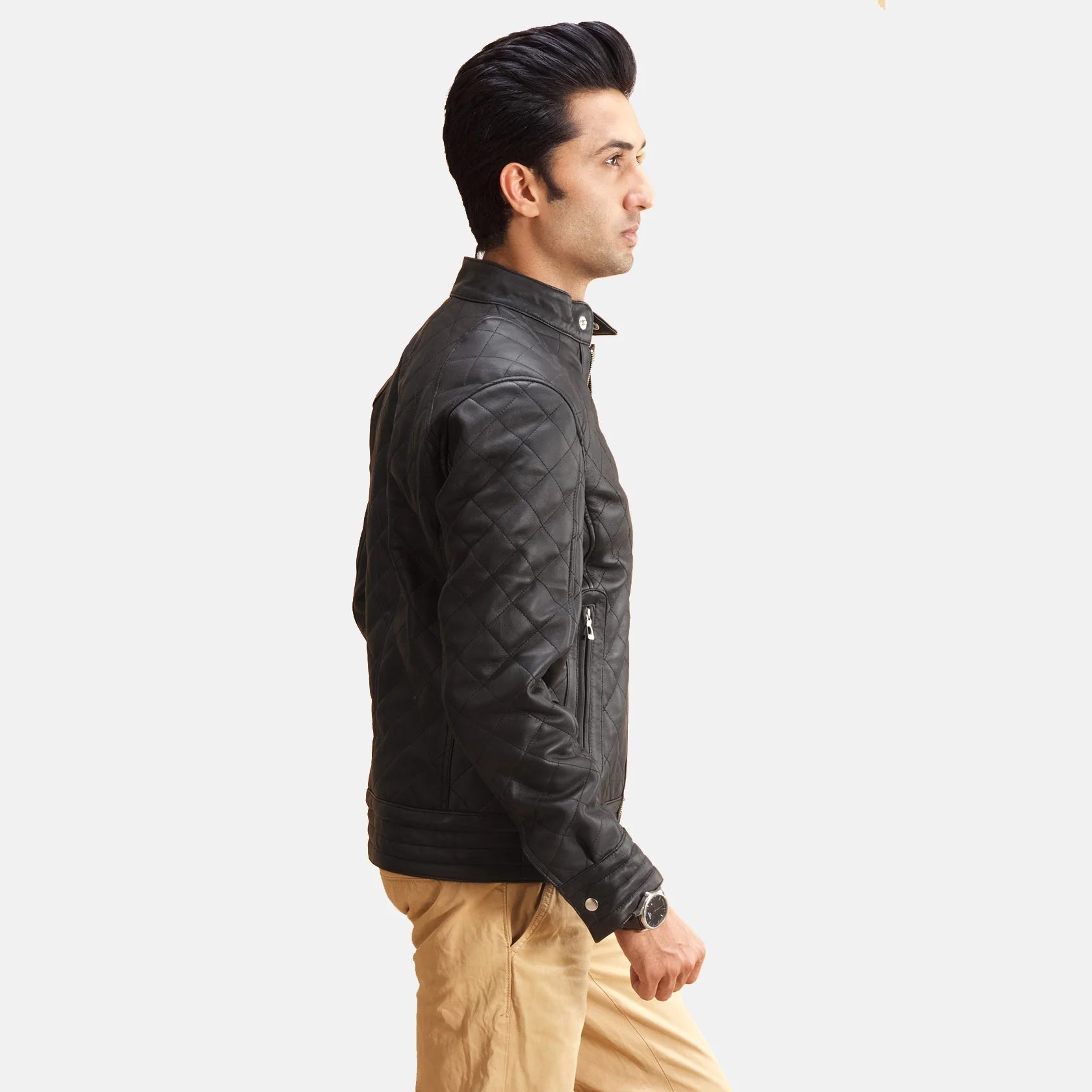 Sharp and tailored quilted black leather jacket for men, offering a sophisticated, textured look for everyday wear.