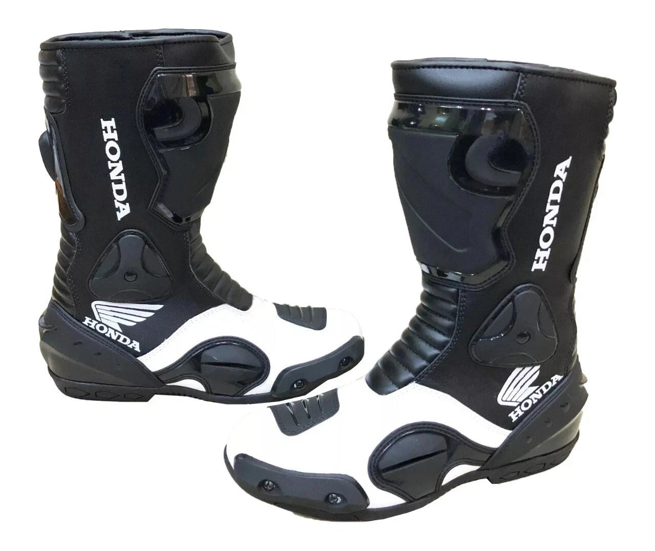 Honda Racing leather motorcycle boots in black and white.
