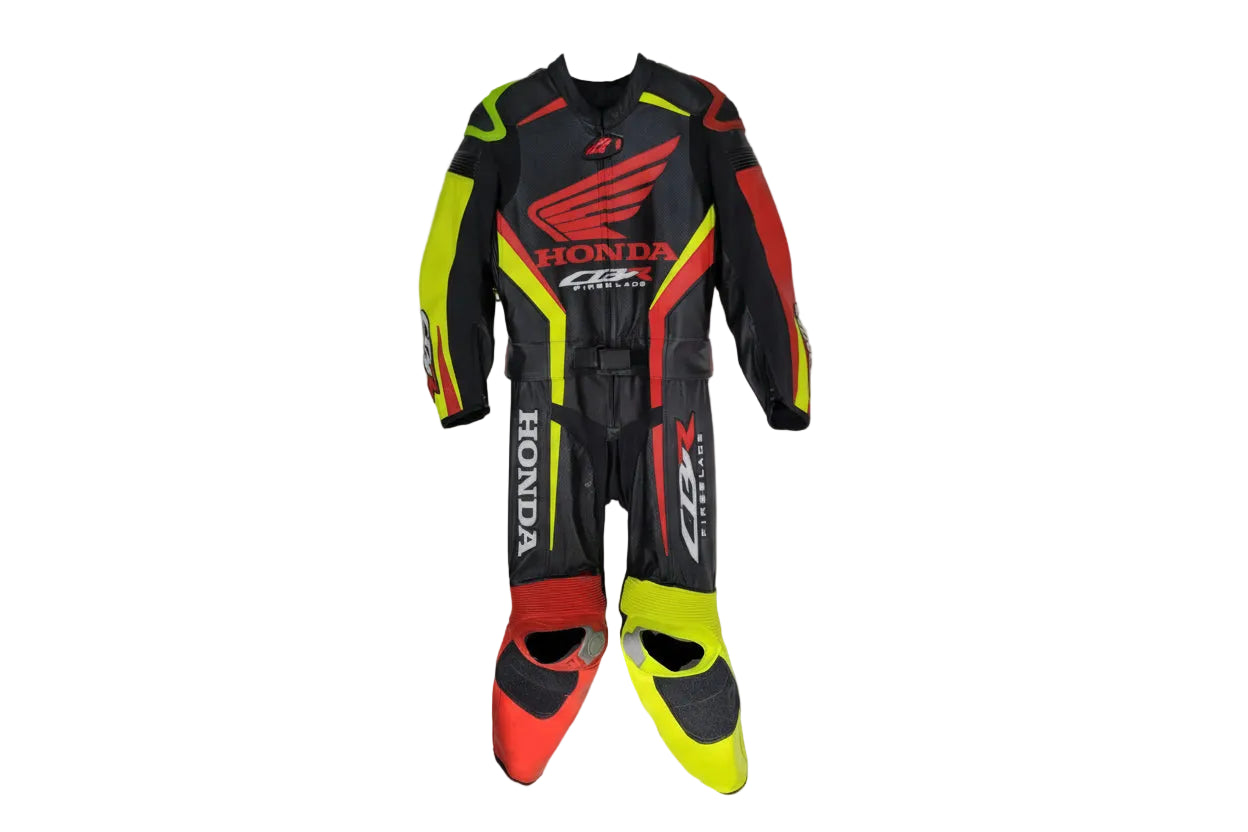Honda CBR Fireblade one-piece leather racing suit in black, yellow, and red with professional armor.