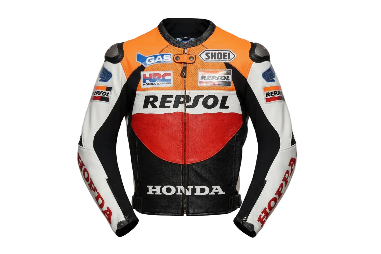 Honda Repsol black, white, orange, and red leather motorcycle racing jacket with HRC branding and integrated armor.