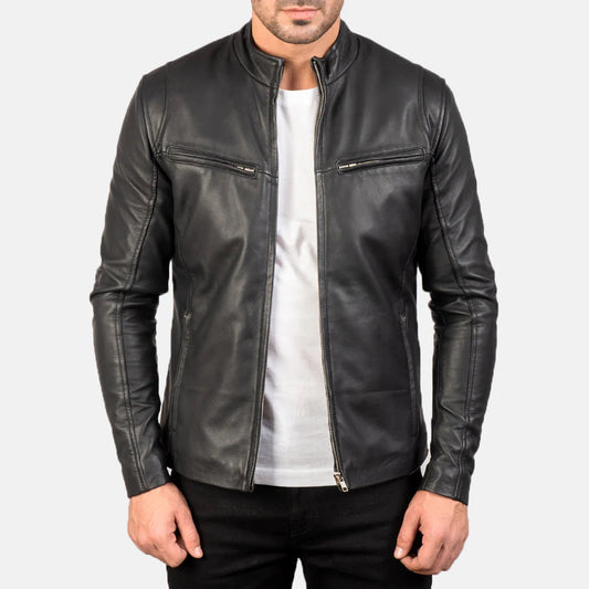 Men's Aaron black leather cafe racer jacket. Classic minimalist biker style with a stand collar and zippered chest pockets.