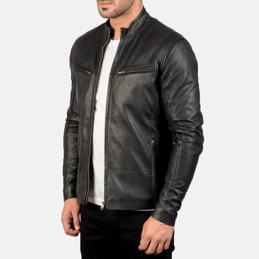 Black leather cafe racer for men. Stand collar, full zip, minimalist biker jacket.