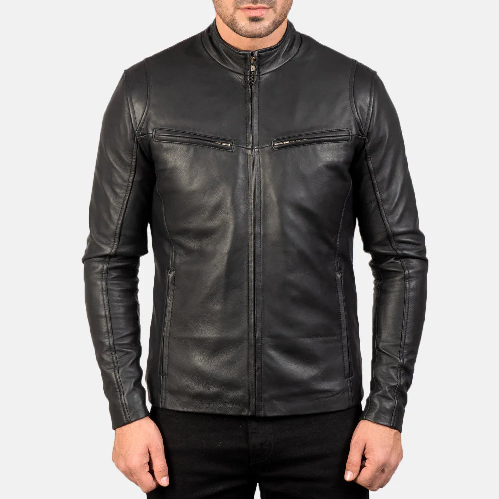 Sleek and versatile black leather cafe racer jacket for men, offering timeless style and practical zippered pockets for everyday wear.