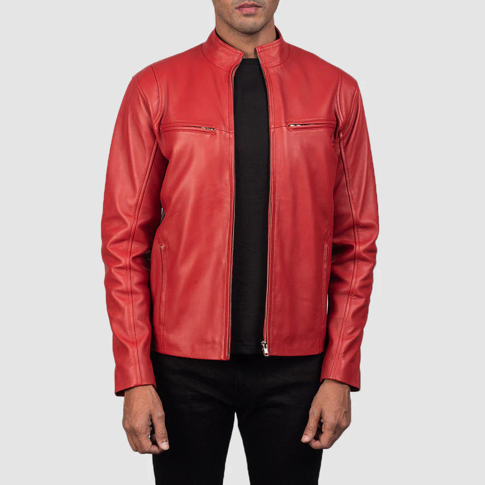 Men's Iconic red leather cafe racer jacket. Minimalist biker style with a snap stand collar and zippered chest pockets.