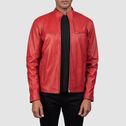 Men's Iconic red leather cafe racer jacket. Minimalist biker style with a snap stand collar and zippered chest pockets.