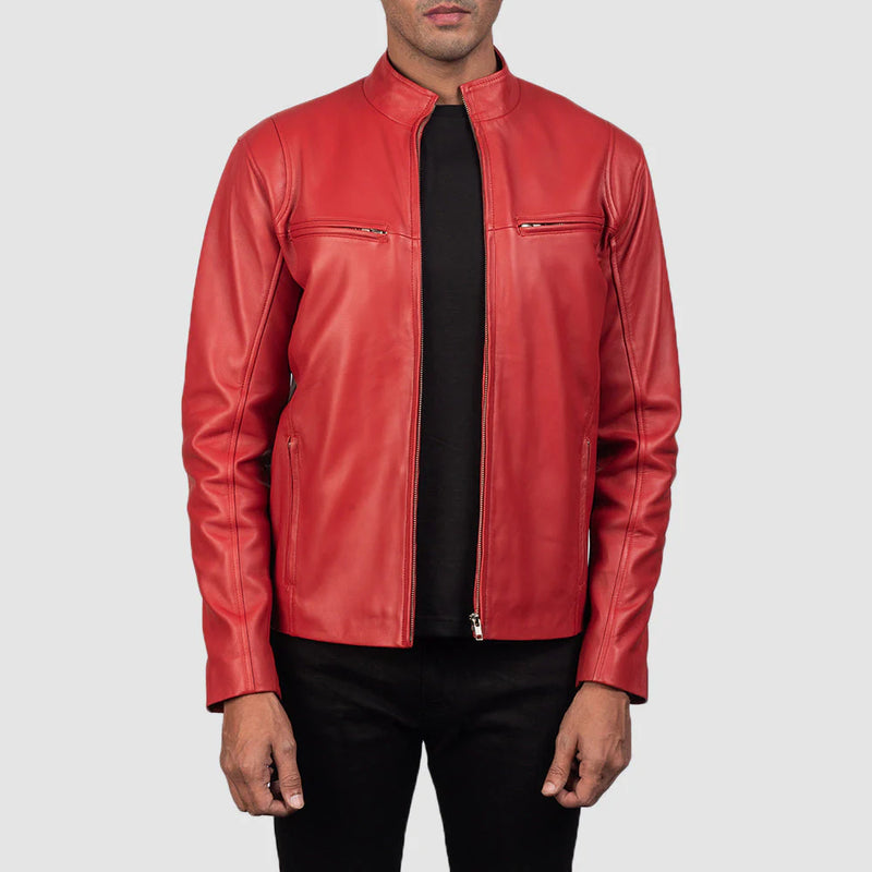 Men's Iconic red leather cafe racer jacket. Minimalist biker style with a snap stand collar and zippered chest pockets.